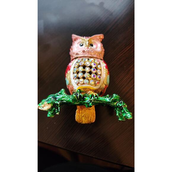 Vintage Hand-Painted Owl Pill Box with Crystals | Decorative Owl Trinket Box - Picture 2 of 5